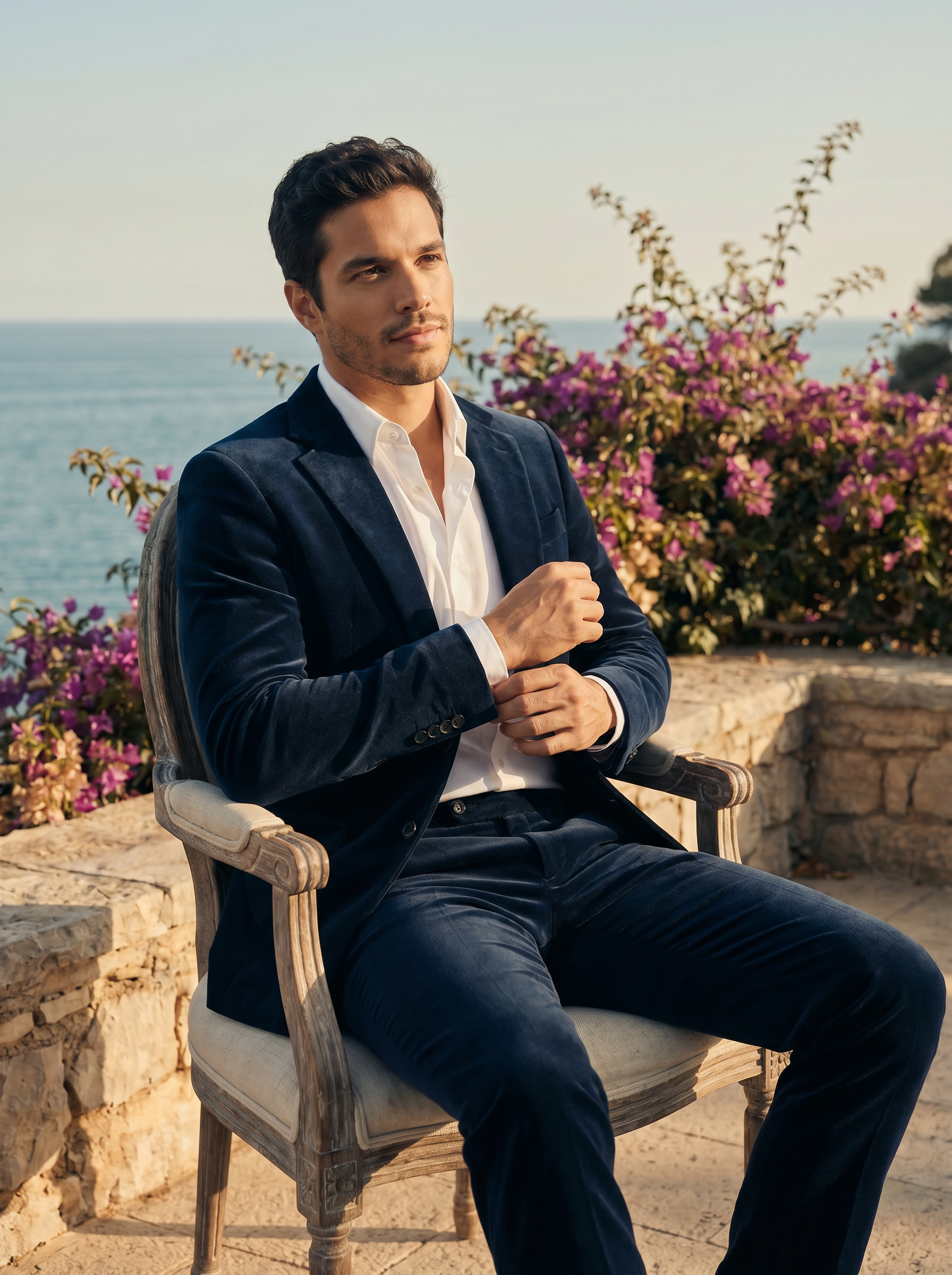 Midnight Blue Velvet Suit — Custom Made to Measure - seated view