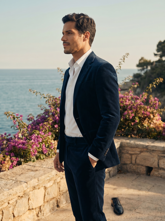 Midnight Blue Velvet Suit — Custom Made to Measure - side view