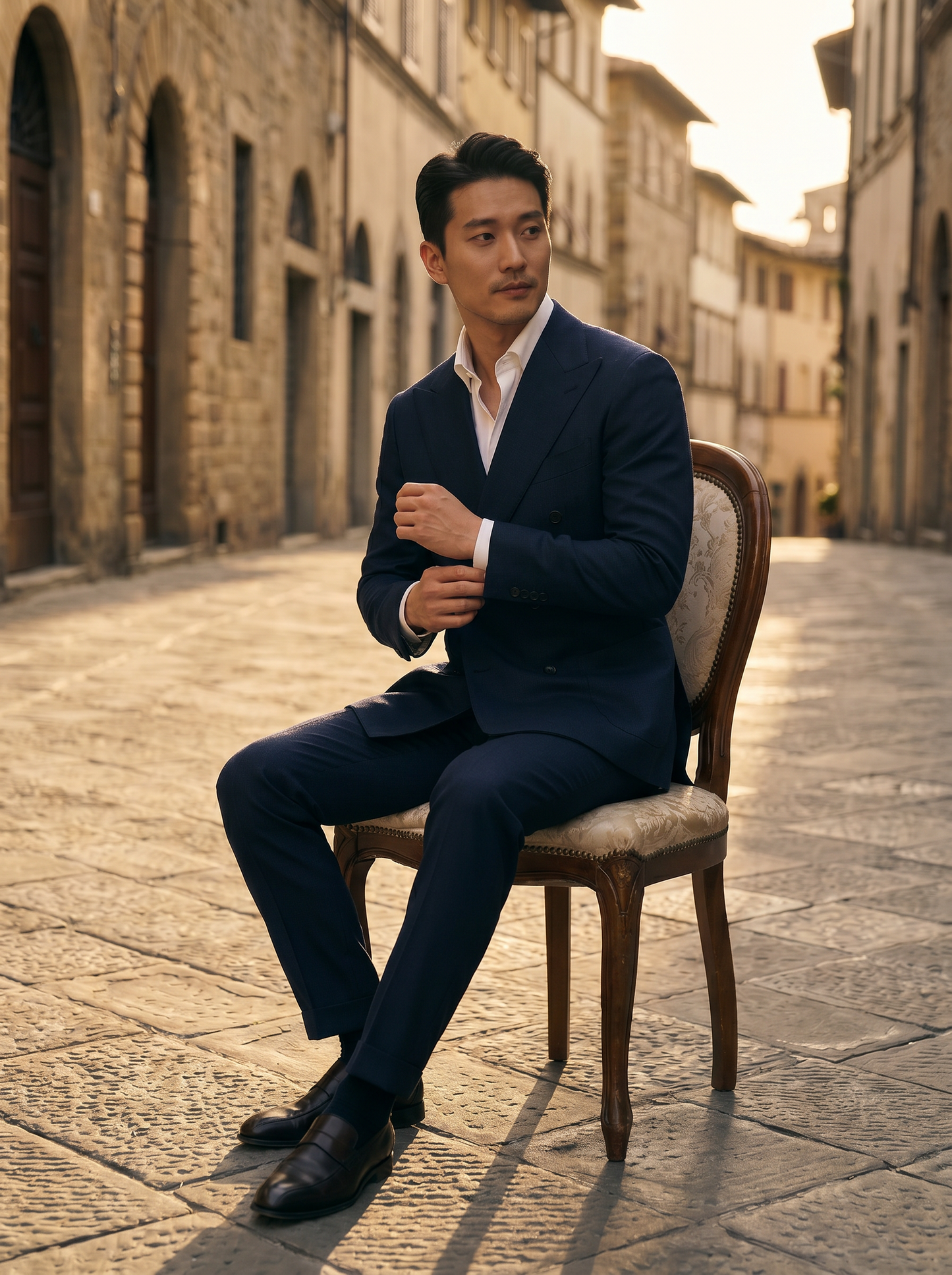 Midnight Blue Wool Double Breasted Suit — Custom Made to Measure - seated view