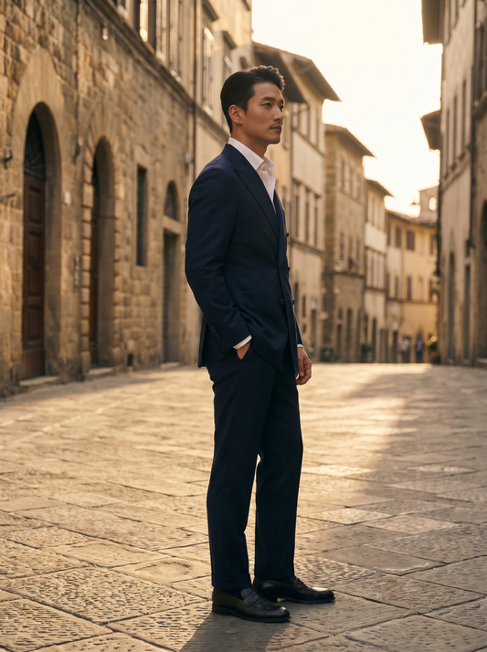 Midnight Blue Wool Double Breasted Suit — Custom Made to Measure - side view