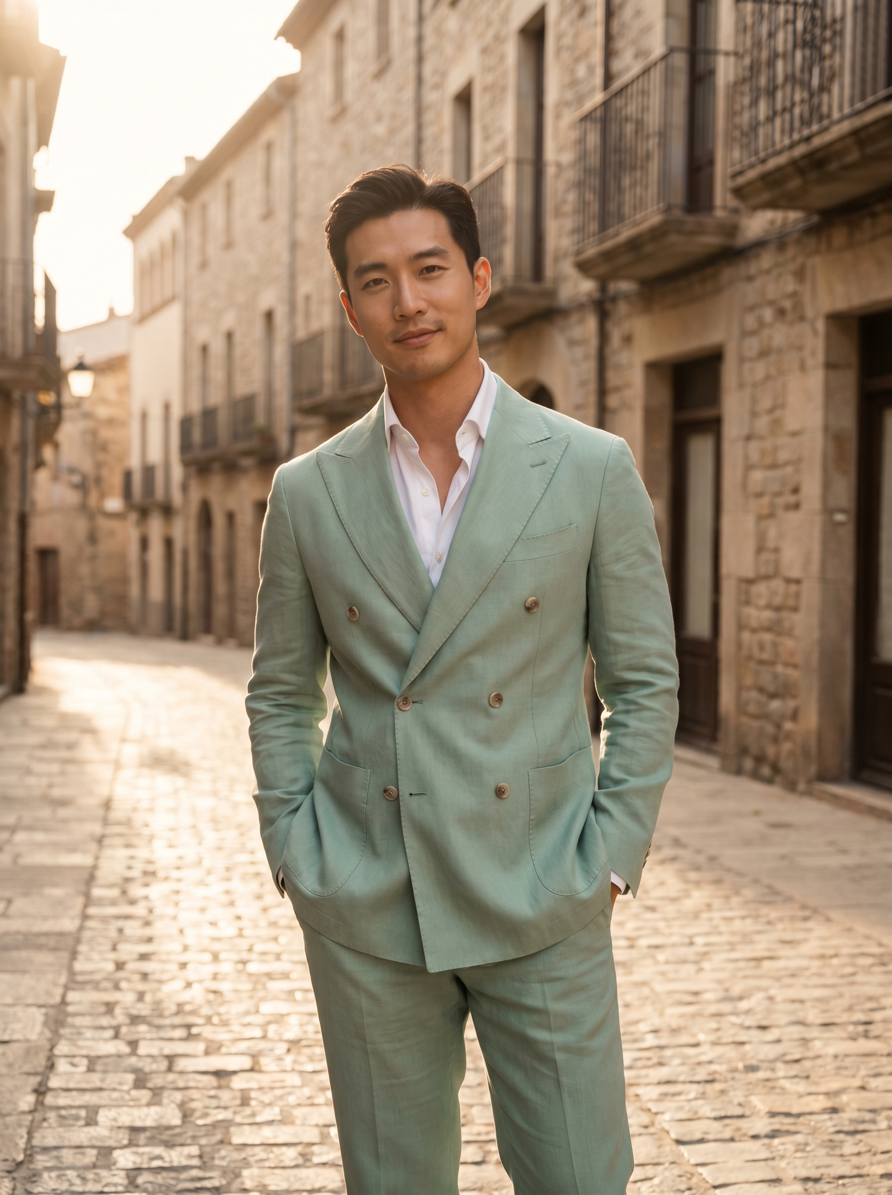Mint Cotton Double Breasted Suit — Custom Made to Measure - front view