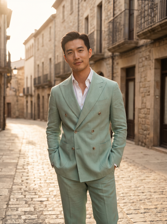 Mint Cotton Double Breasted Suit — Custom Made to Measure - front view
