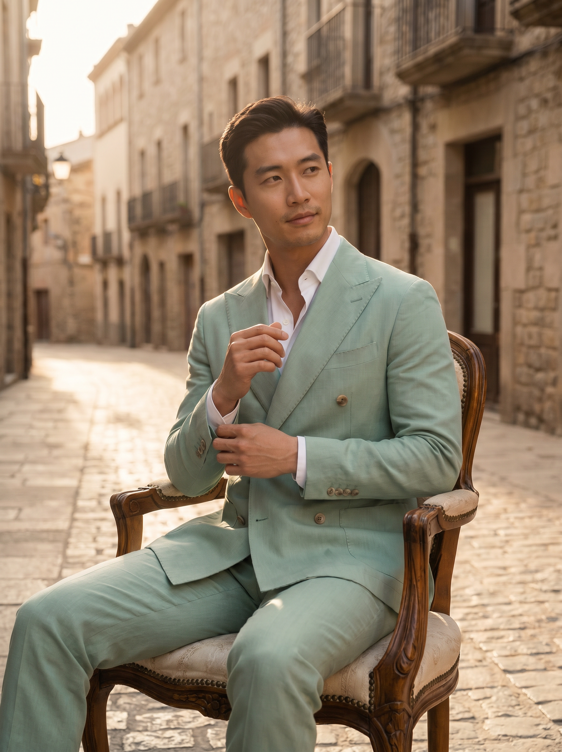 Mint Cotton Double Breasted Suit — Custom Made to Measure - seated view