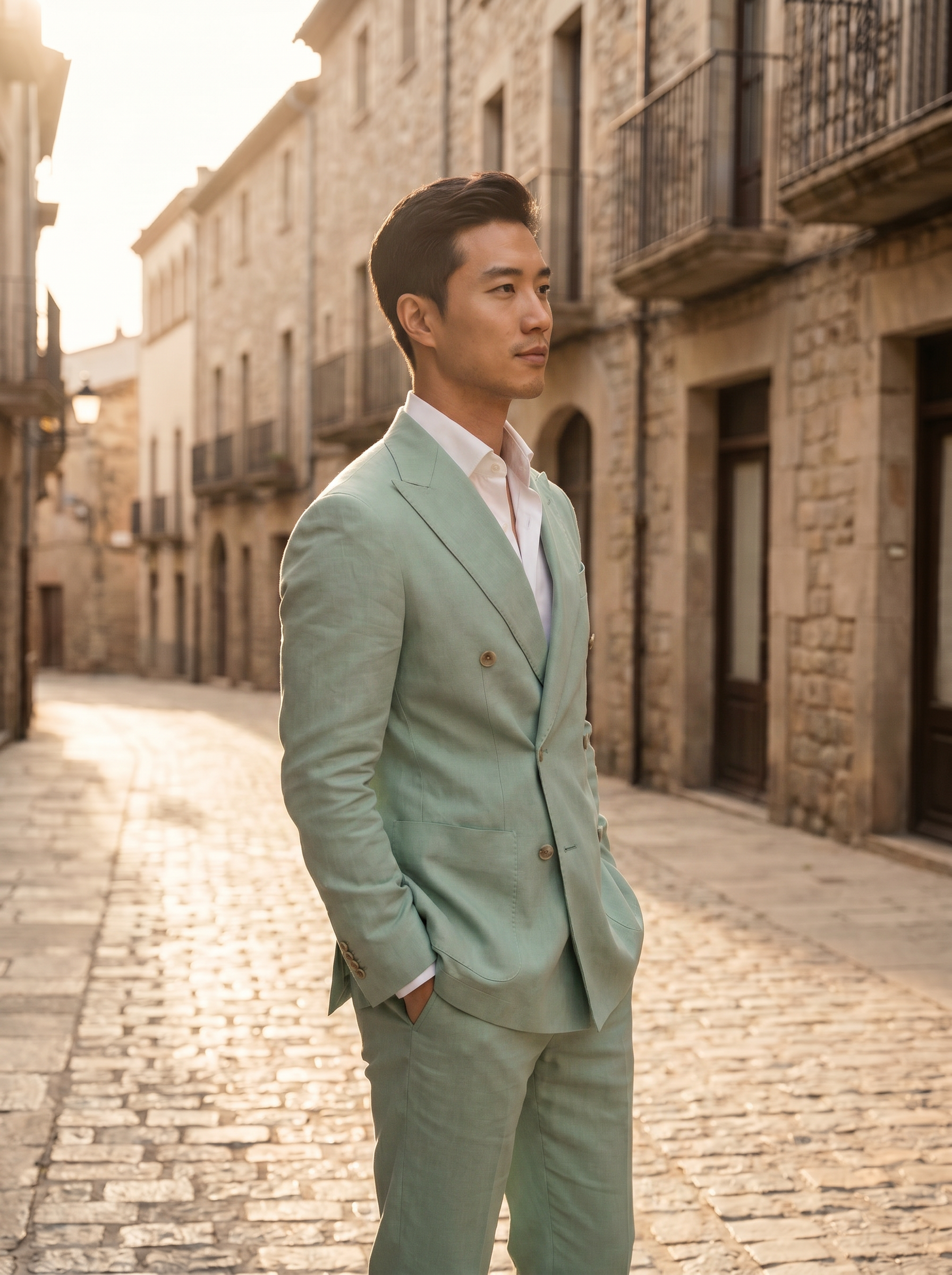 Mint Cotton Double Breasted Suit — Custom Made to Measure - side view