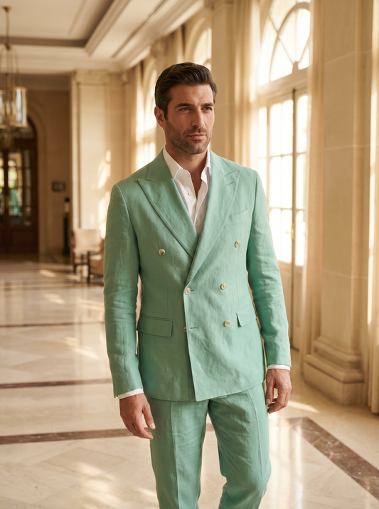 Mint Linen Double Breasted Suit — Custom Made to Measure - front view