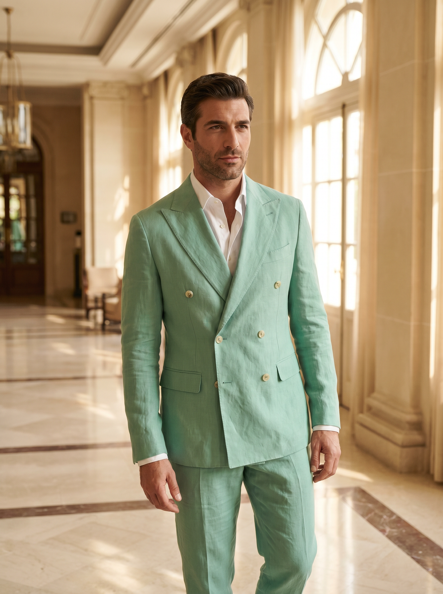 Mint Linen Double Breasted Suit — Custom Made to Measure - front view