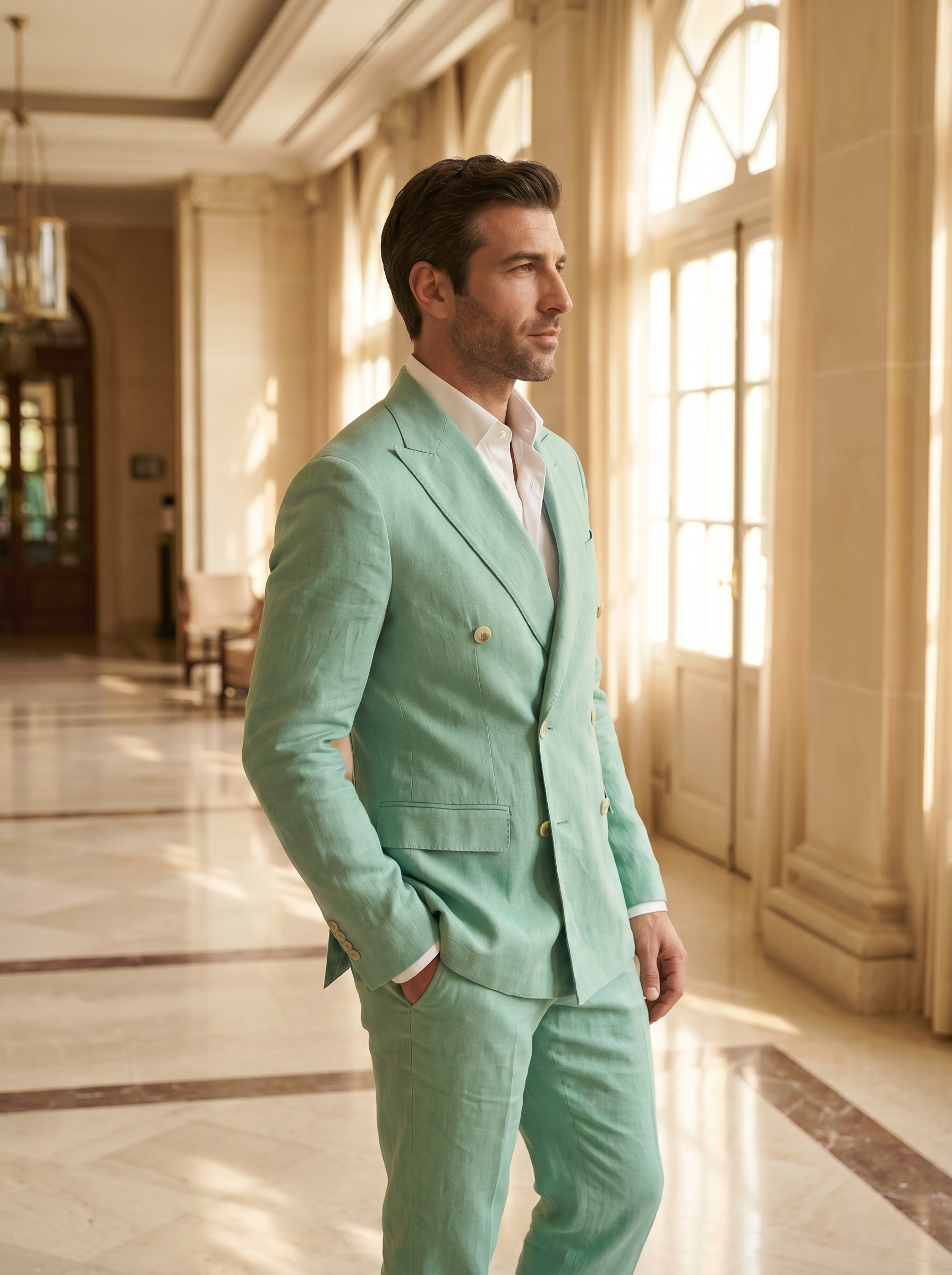 Mint Linen Double Breasted Suit — Custom Made to Measure - side view