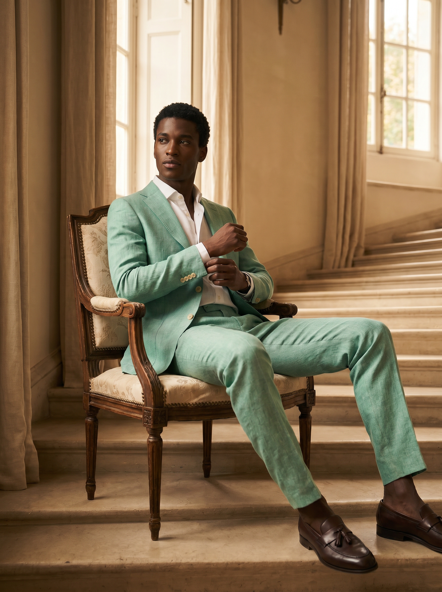 Mint Linen Suit — Custom Made to Measure - seated view