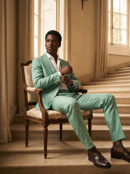 Mint Linen Suit — Custom Made to Measure - seated view