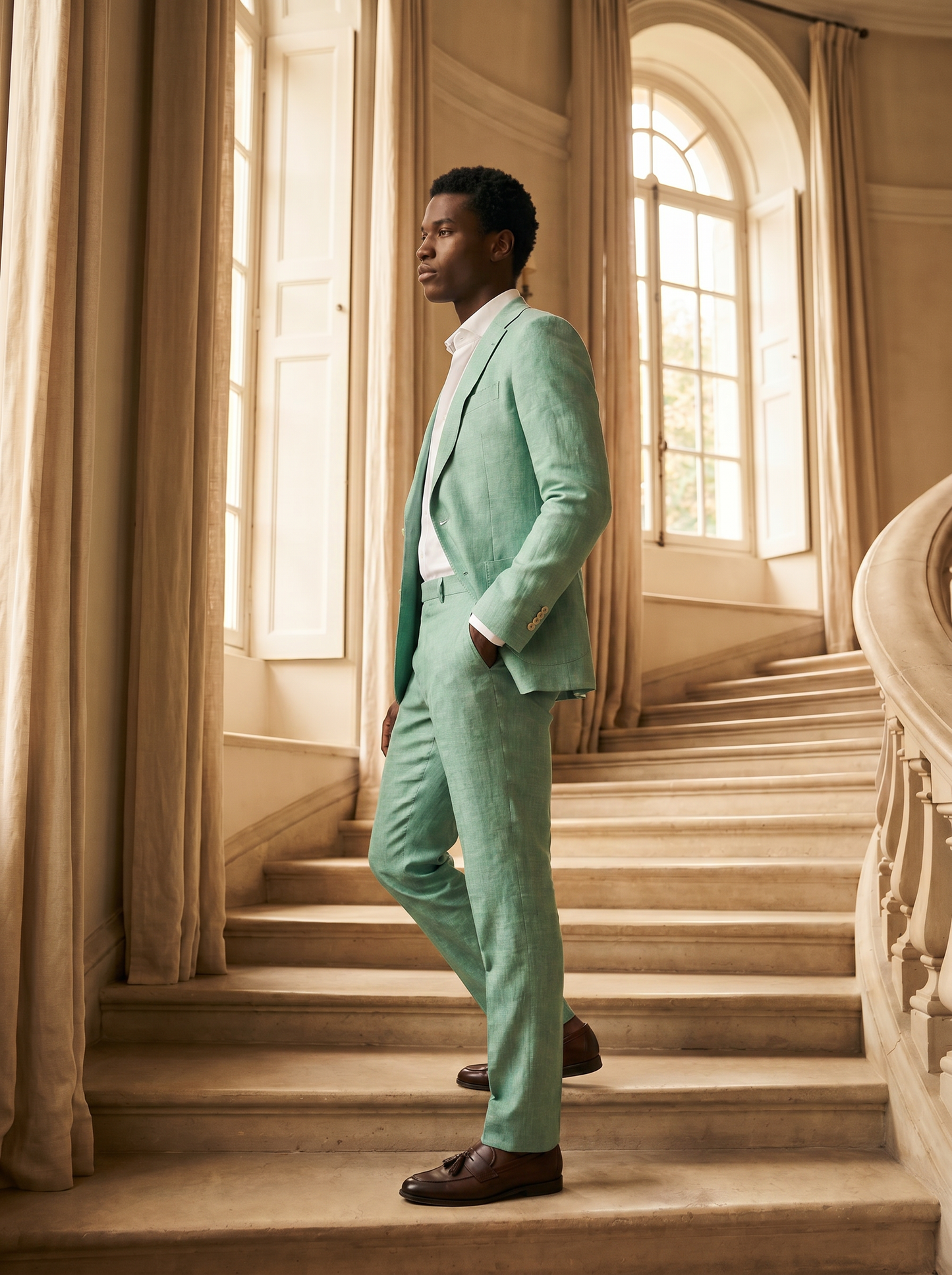 Mint Linen Suit — Custom Made to Measure - side view