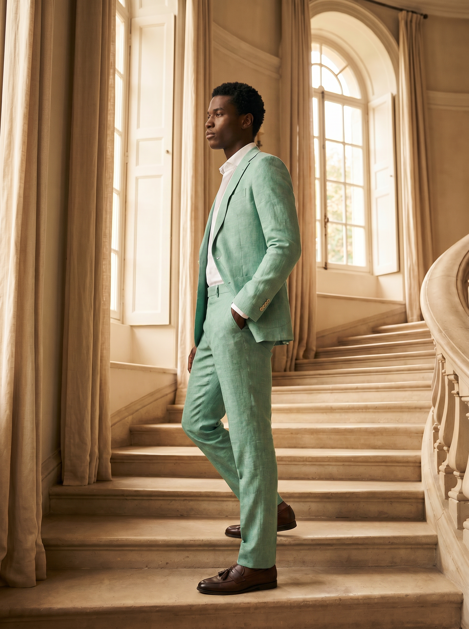 Mint Linen Suit — Custom Made to Measure - side view