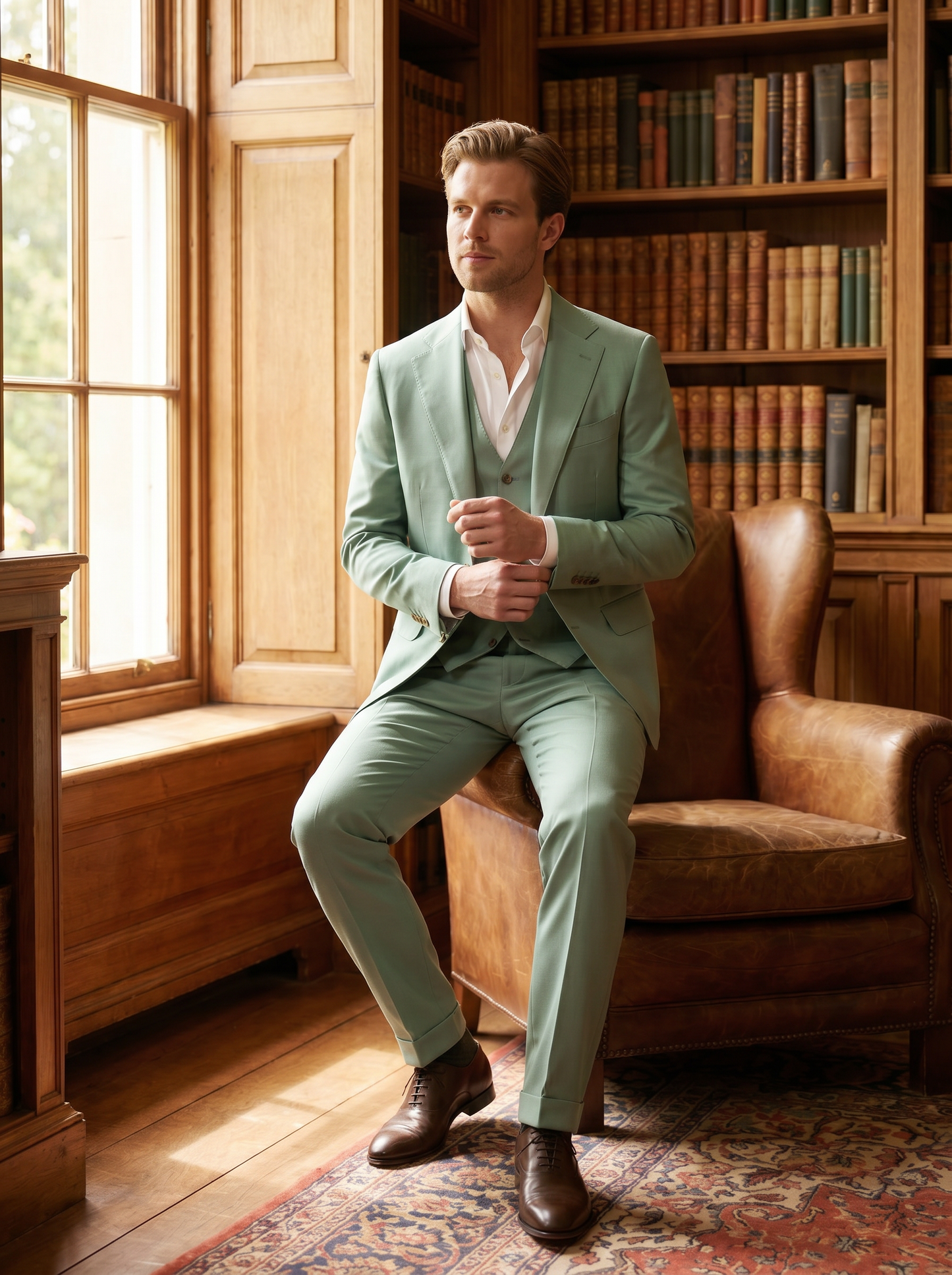 Mint Silk Blend 3-Piece Suit — Custom Made to Measure - seated view