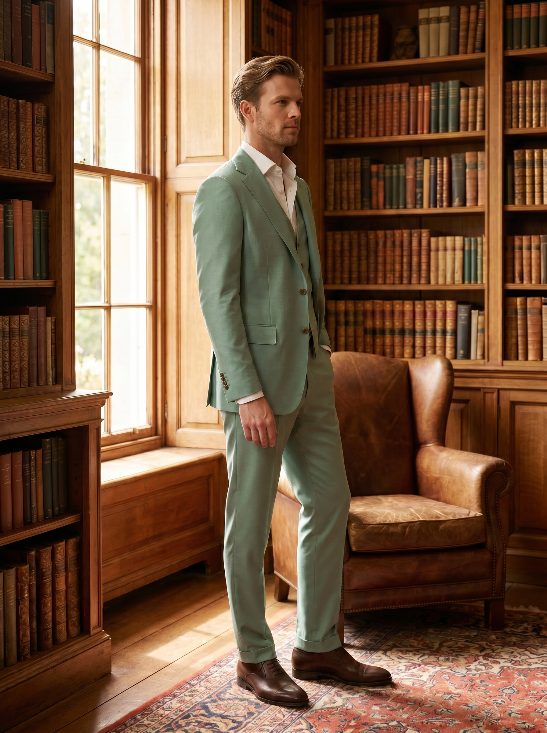 Mint Silk Blend 3-Piece Suit — Custom Made to Measure - side view