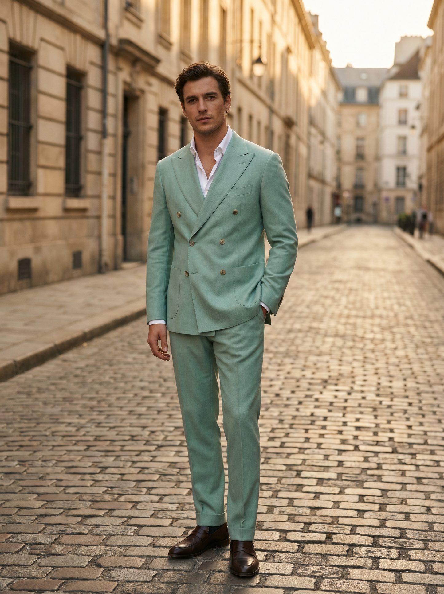 Mint Wool Double Breasted Suit — Custom Made to Measure - front view
