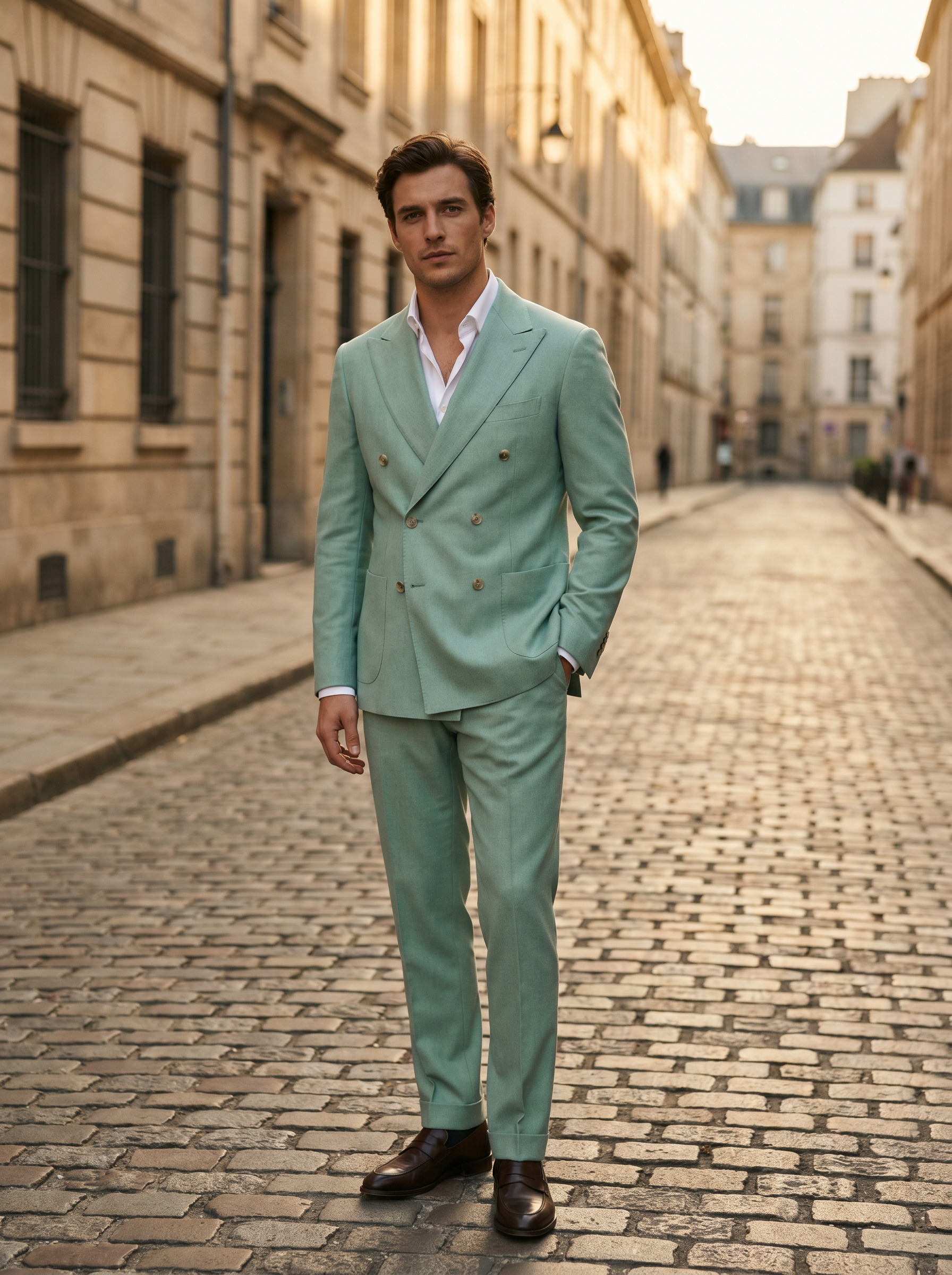 Mint Wool Double Breasted Suit — Custom Made to Measure - front view