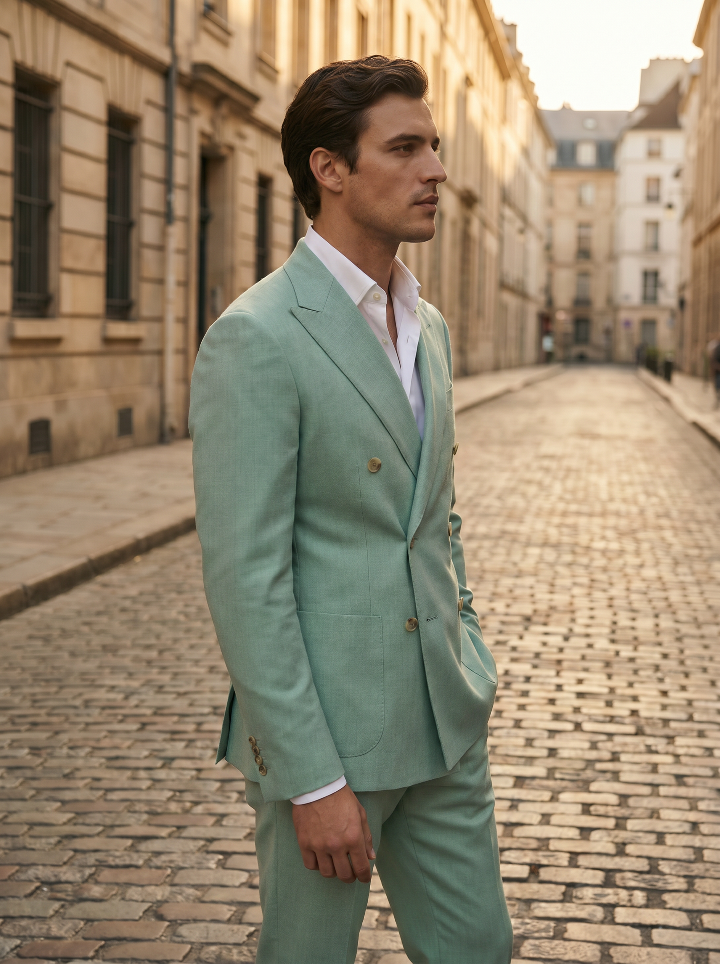 Mint Wool Double Breasted Suit — Custom Made to Measure - side view