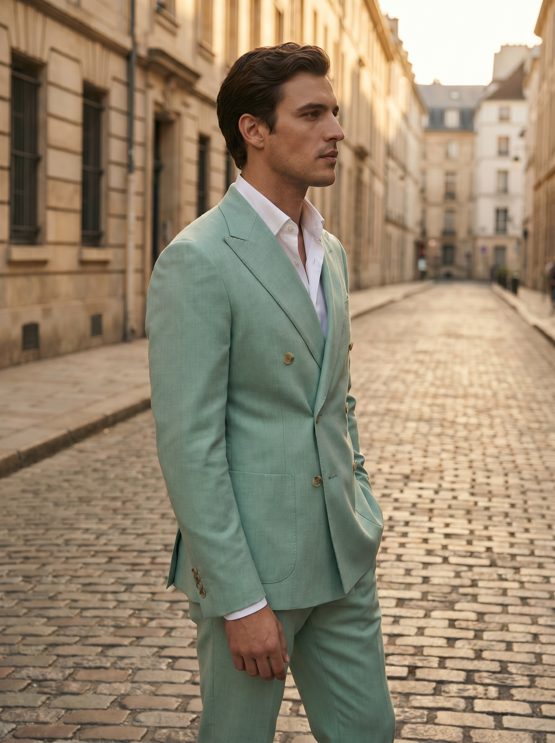 Mint Wool Double Breasted Suit — Custom Made to Measure - side view