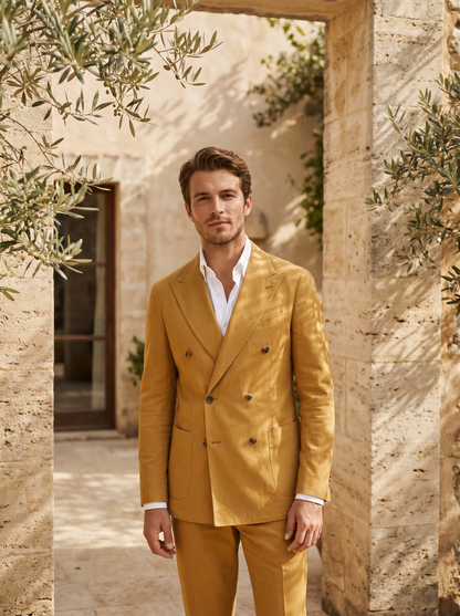 Mustard Cotton Double Breasted Suit — Custom Made to Measure - front view