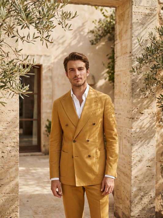 Mustard Cotton Double Breasted Suit — Custom Made to Measure - front view