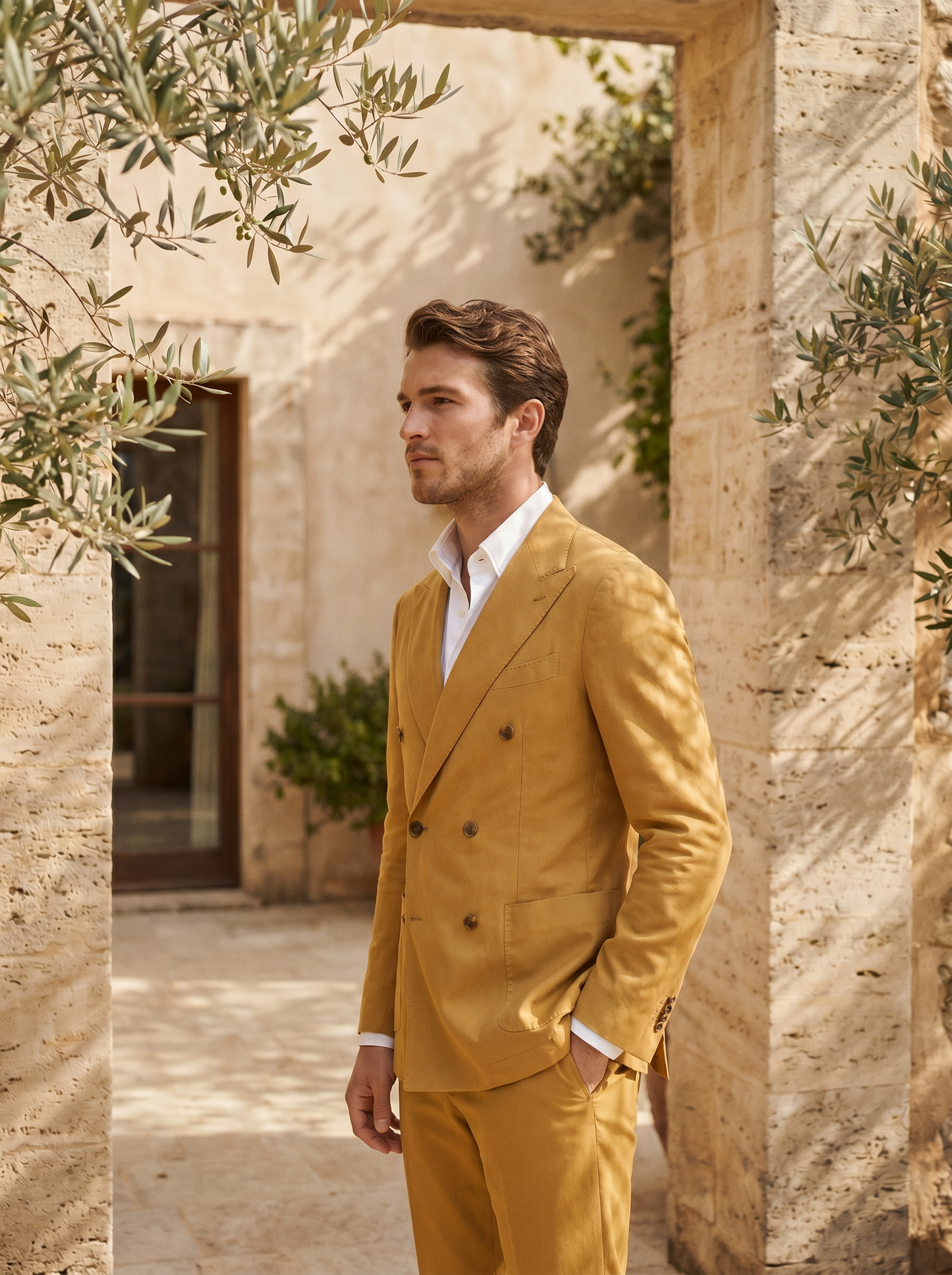 Mustard Cotton Double Breasted Suit — Custom Made to Measure - side view