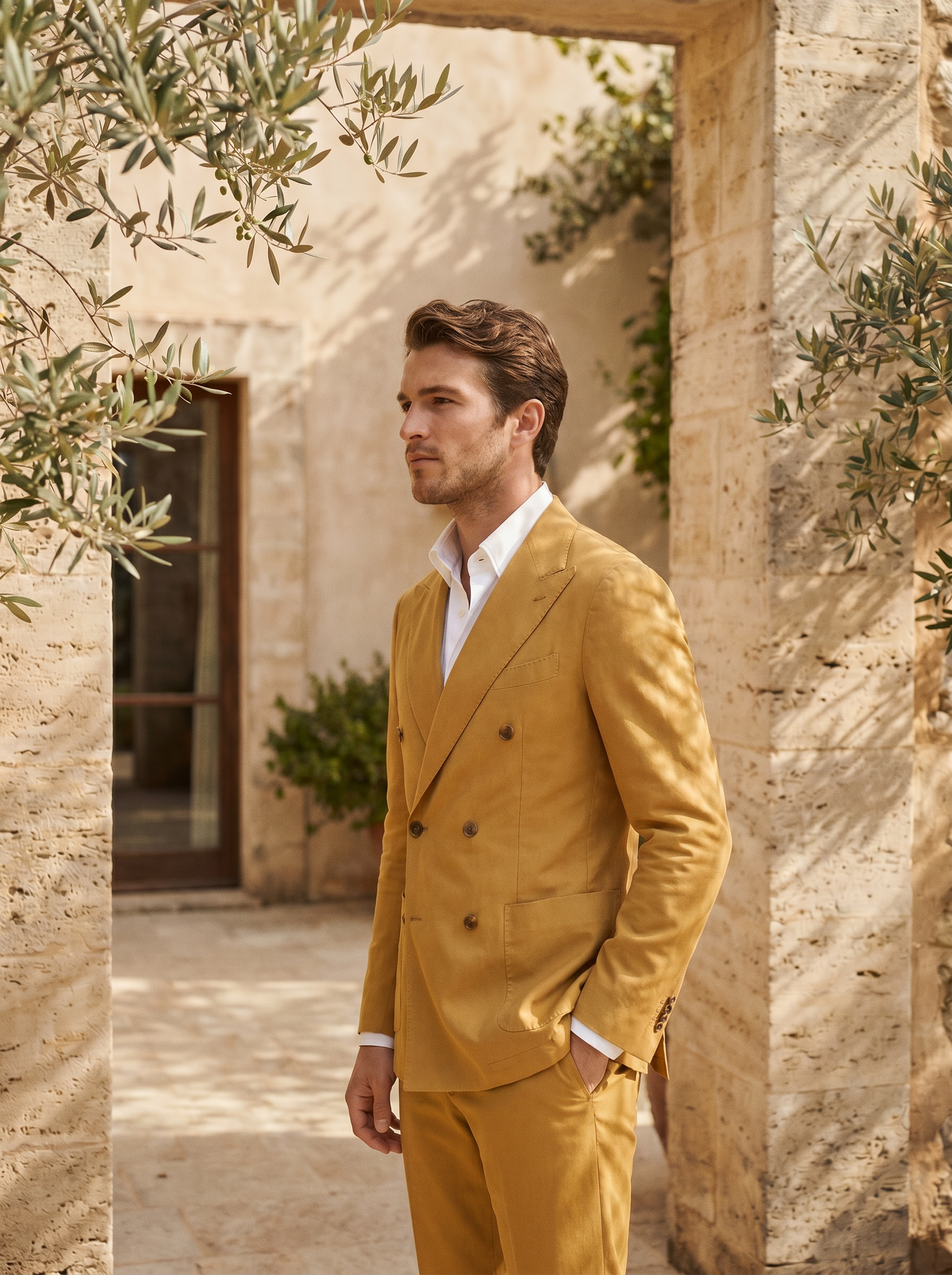 Mustard Cotton Double Breasted Suit — Custom Made to Measure - side view