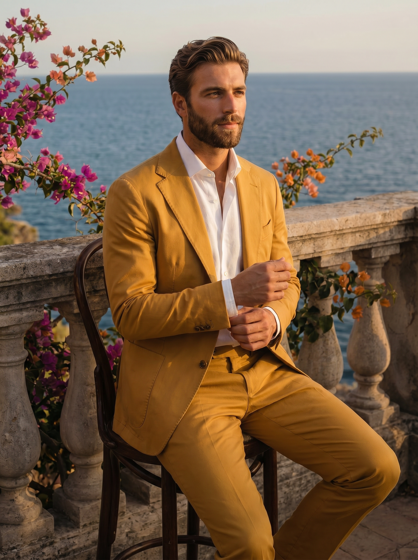 Mustard Cotton Graduation Suit — Custom Made to Measure - seated view