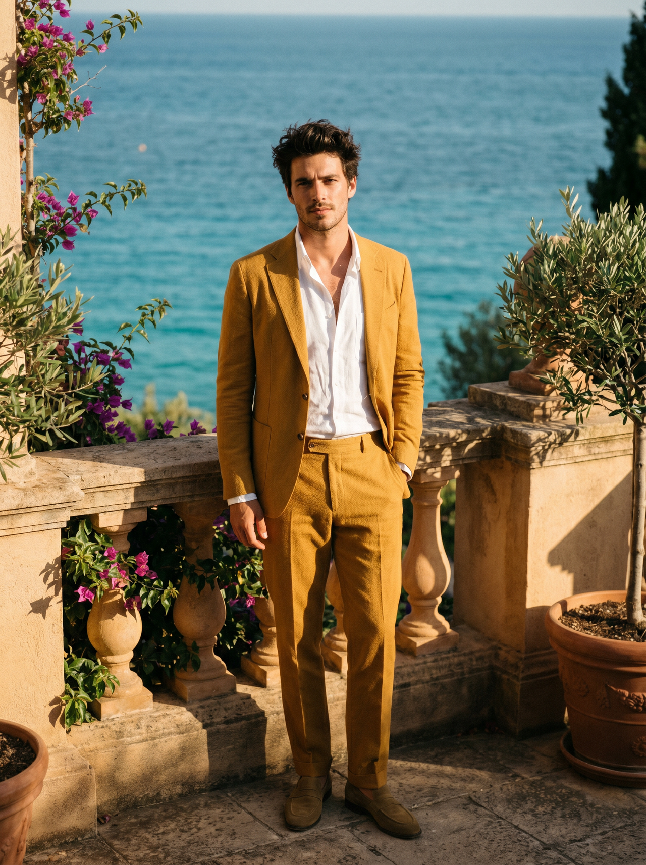 Mustard Cotton Groomsmen Suit — Custom Made to Measure - front view