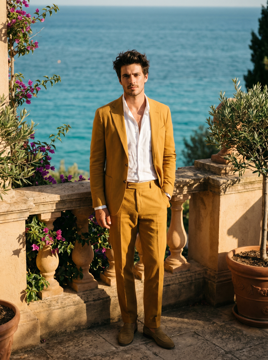 Mustard Cotton Groomsmen Suit — Custom Made to Measure - front view