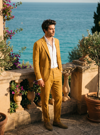 Mustard Cotton Groomsmen Suit — Custom Made to Measure - side view