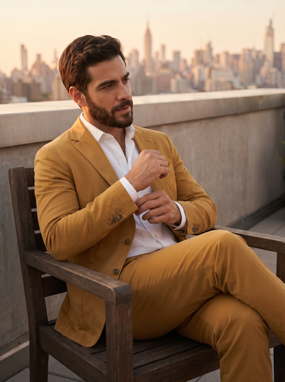 Mustard Cotton Suit — Custom Made to Measure - seated view