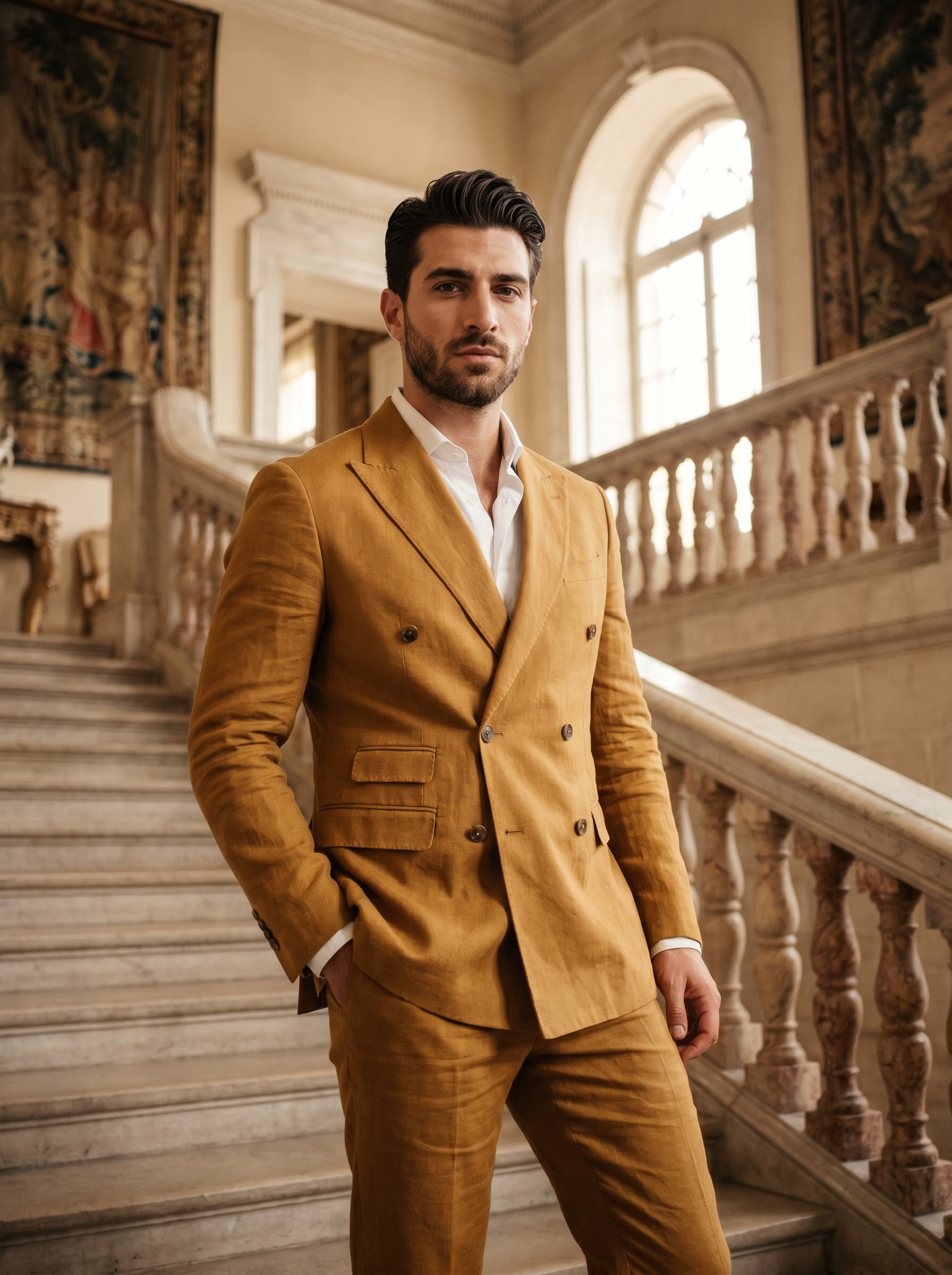 Mustard Linen Double Breasted Suit — Custom Made to Measure - front view