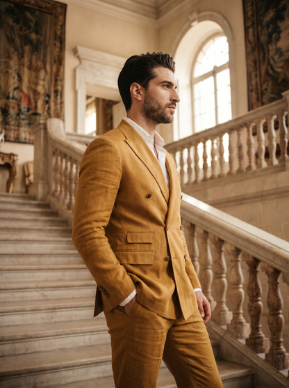 Mustard Linen Double Breasted Suit — Custom Made to Measure - side view