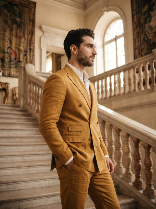 Mustard Linen Double Breasted Suit — Custom Made to Measure - side view