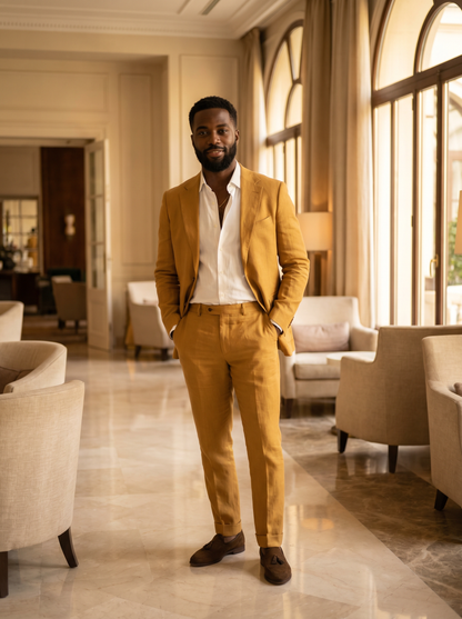 Mustard Linen Groomsmen Suit — Custom Made to Measure - front view