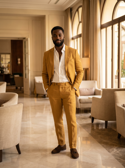 Mustard Linen Groomsmen Suit — Custom Made to Measure - front view