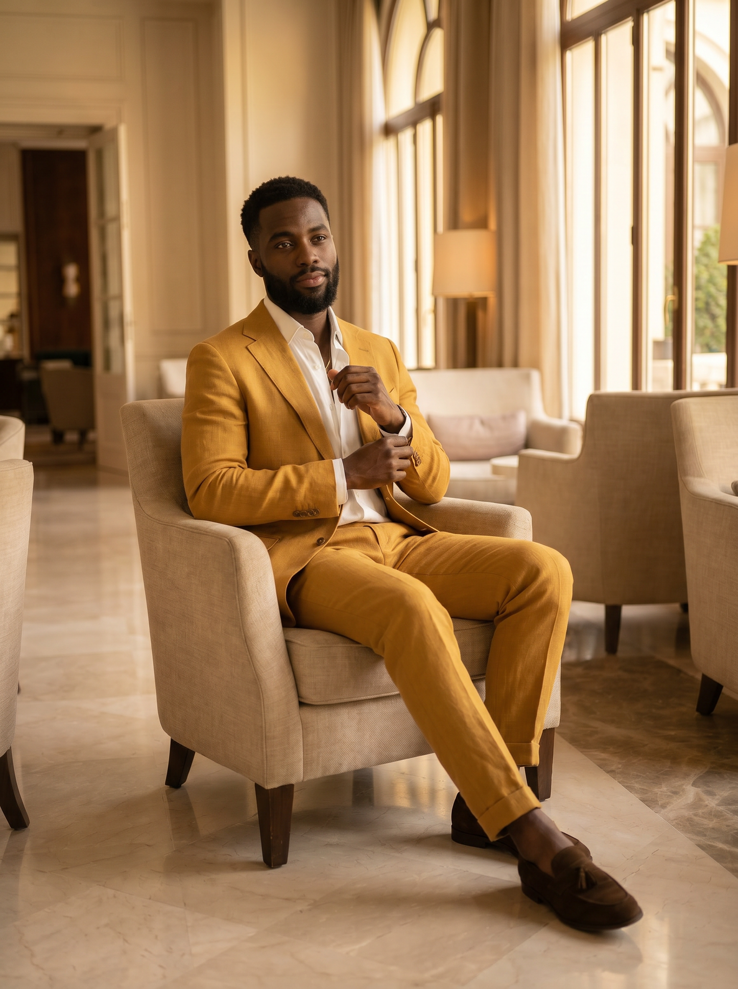 Mustard Linen Groomsmen Suit — Custom Made to Measure - seated view