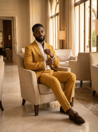 Mustard Linen Groomsmen Suit — Custom Made to Measure - seated view