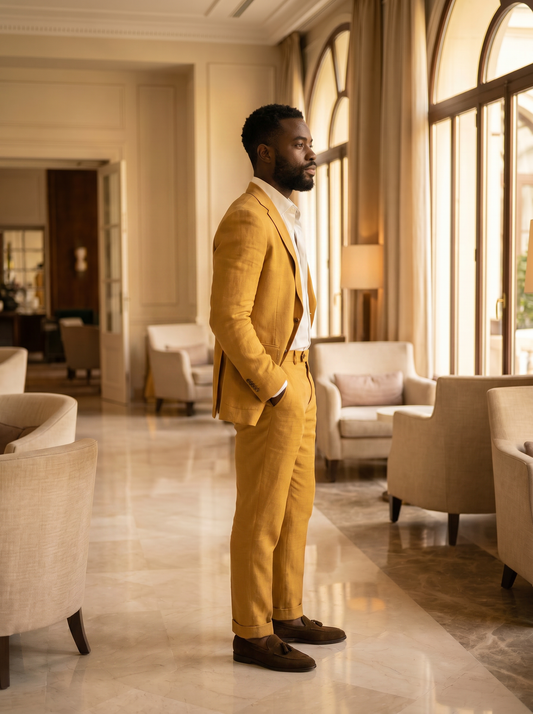 Mustard Linen Groomsmen Suit — Custom Made to Measure - side view