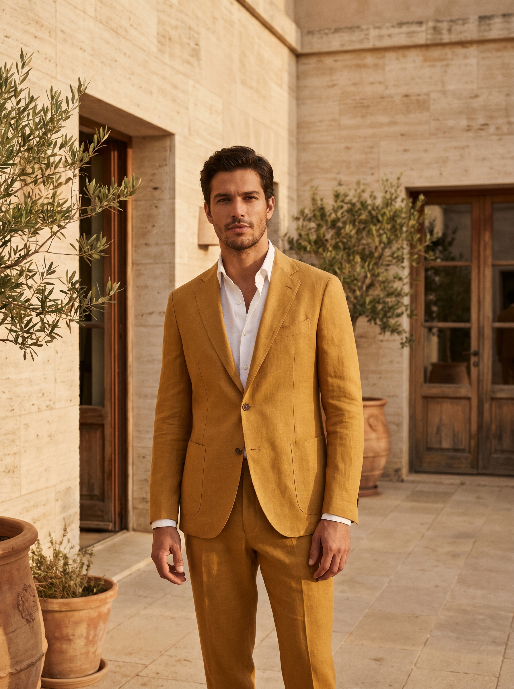 Mustard Linen Suit — Custom Made to Measure - front view