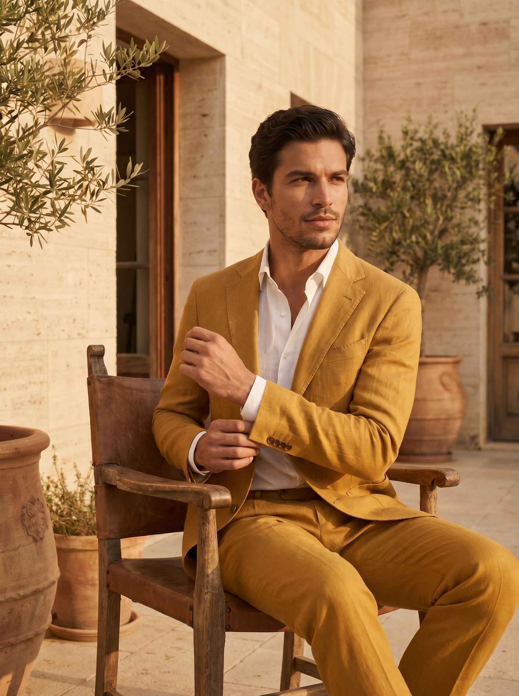 Mustard Linen Suit — Custom Made to Measure - seated view