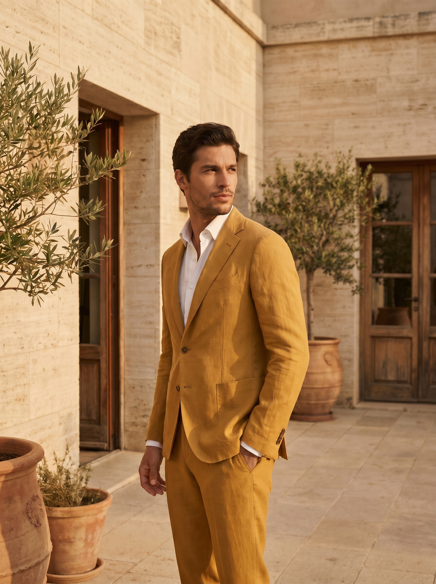 Mustard Linen Suit — Custom Made to Measure - side view
