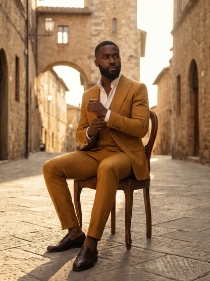 Mustard Silk Blend 3-Piece Suit — Custom Made to Measure - seated view