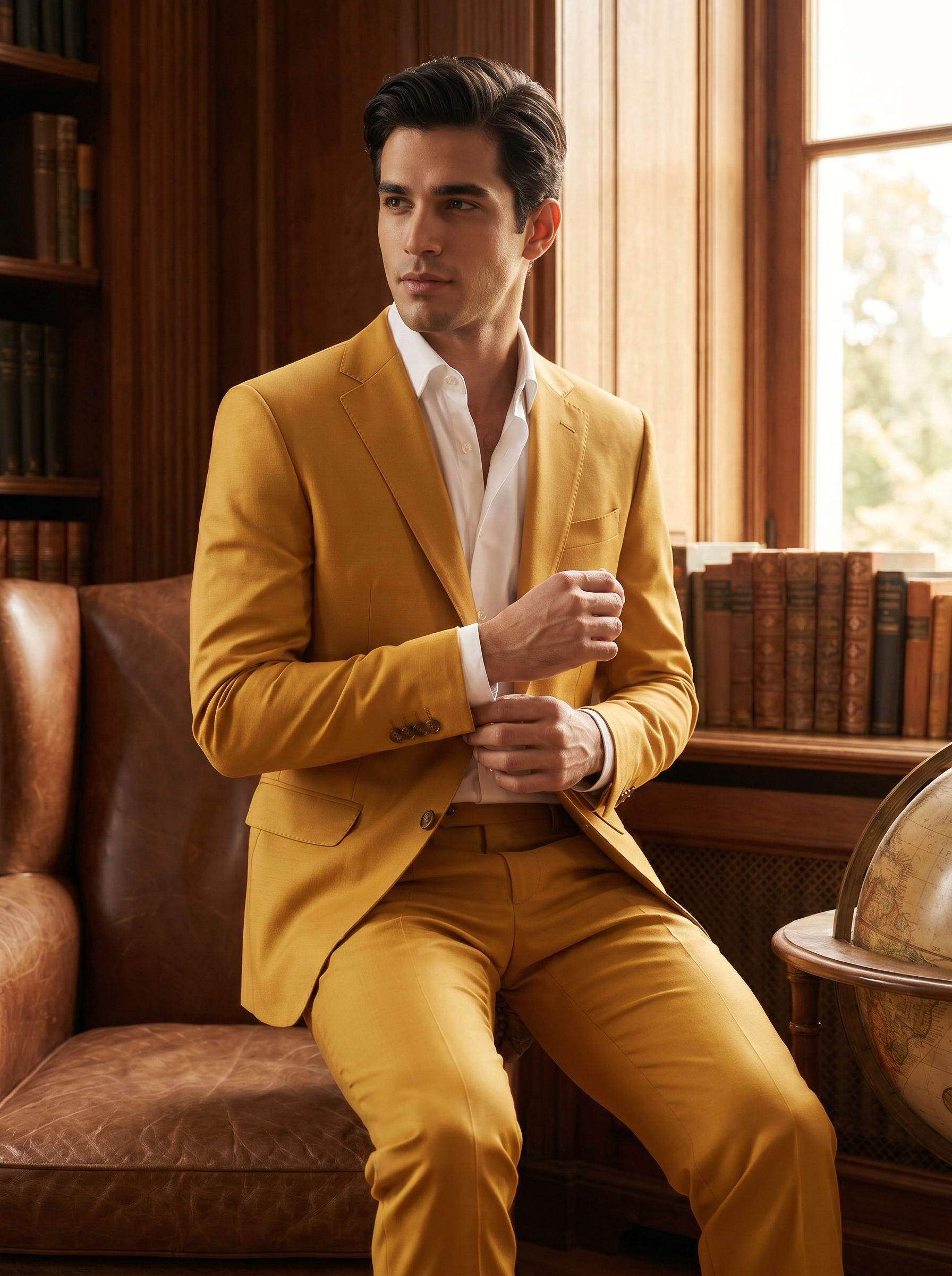 Mustard Silk Blend Suit — Custom Made to Measure - seated view
