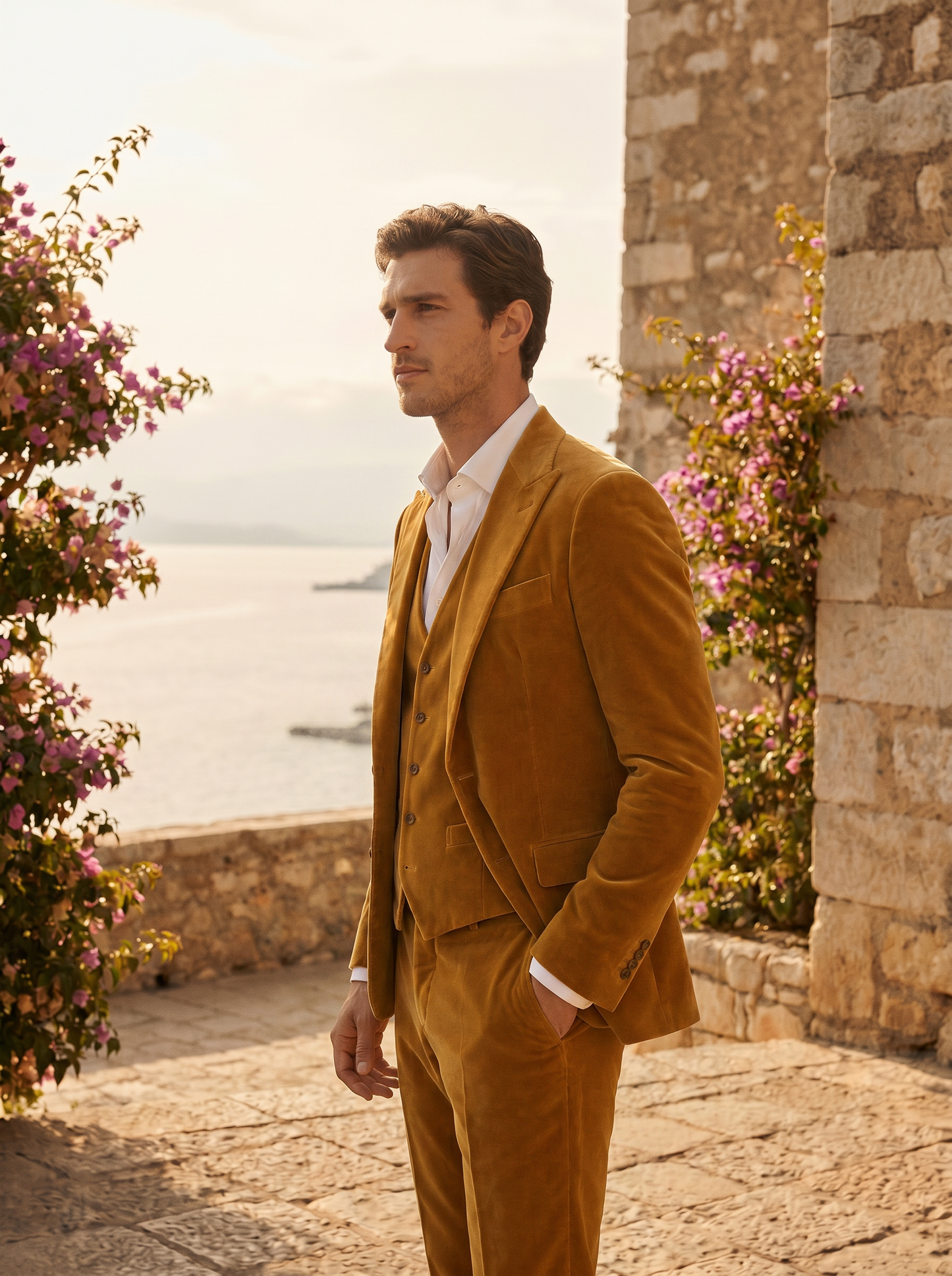 Mustard Velvet 3-Piece Suit — Custom Made to Measure - side view