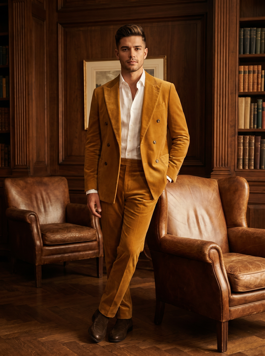 Mustard Velvet Double Breasted Suit — Custom Made to Measure - front view