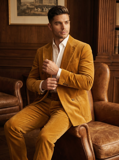 Mustard Velvet Double Breasted Suit — Custom Made to Measure - seated view