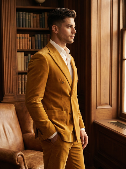 Mustard Velvet Double Breasted Suit — Custom Made to Measure - side view