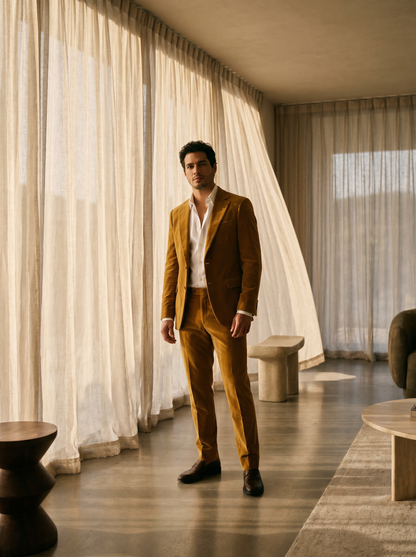 Mustard Velvet Suit — Custom Made to Measure - front view