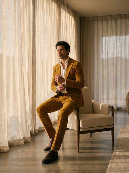 Mustard Velvet Suit — Custom Made to Measure - seated view