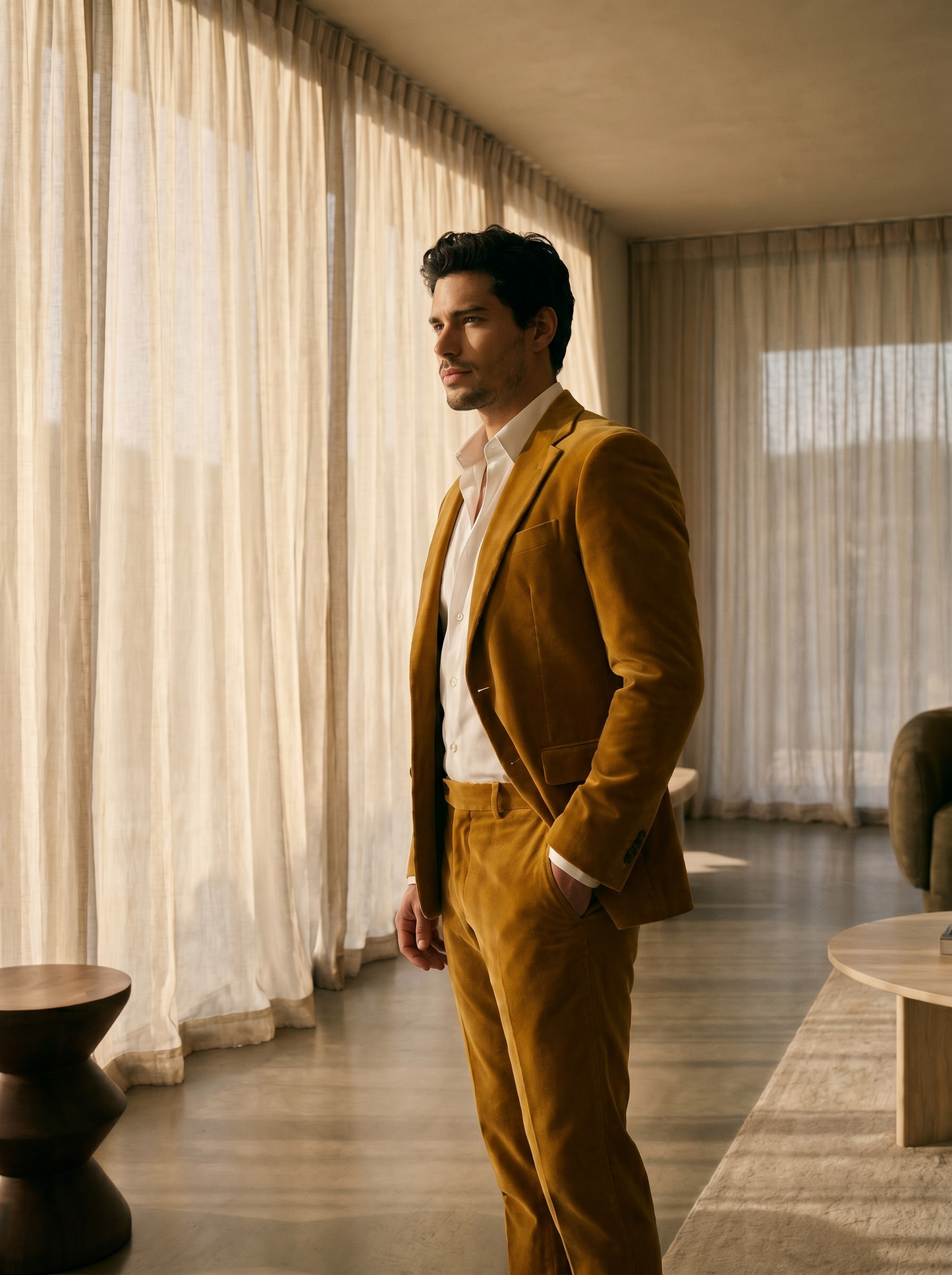 Mustard Velvet Suit — Custom Made to Measure - side view